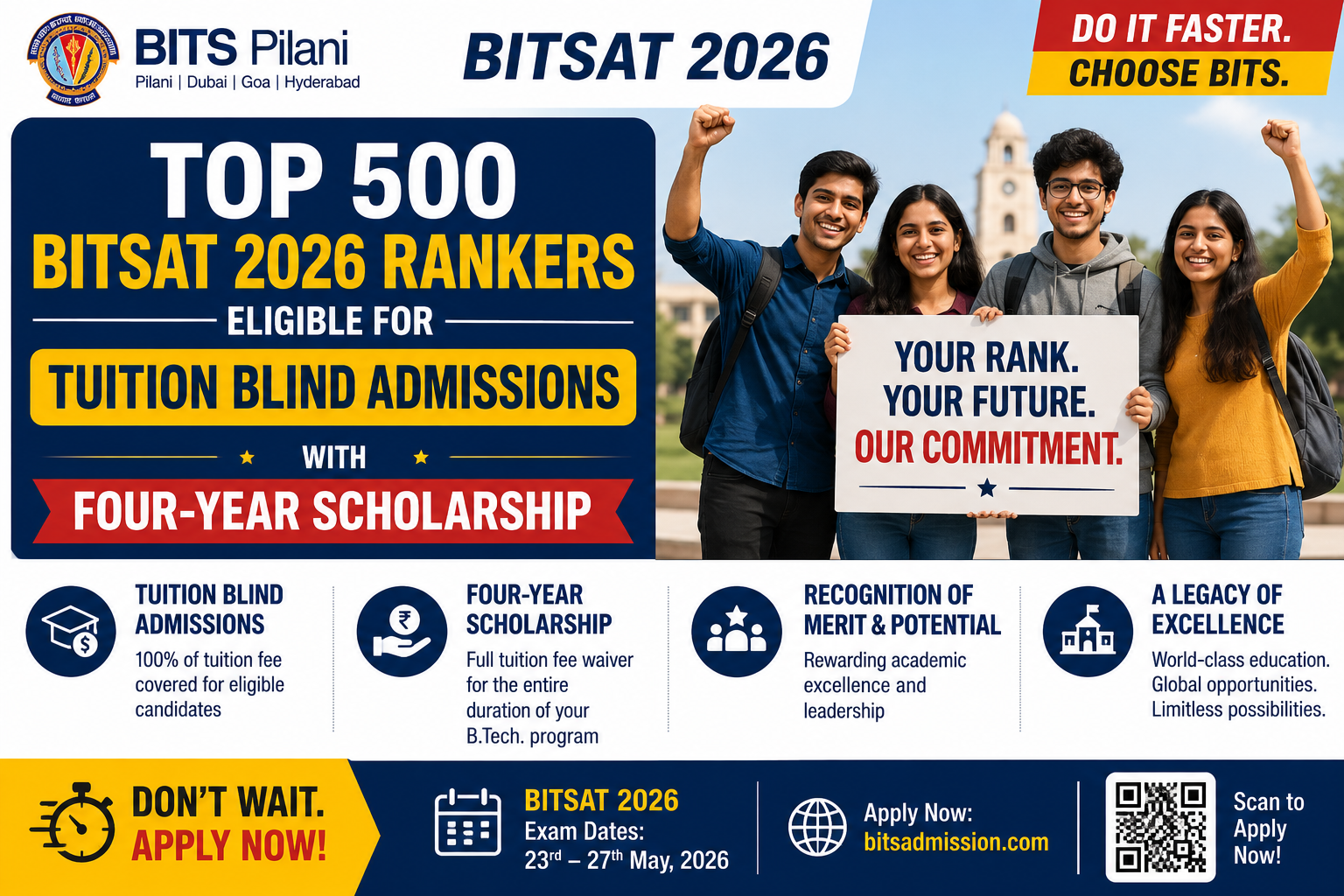 Top 500 BITSAT 2026 Rankers Eligible for Tuition Blind Admissions with Four-Year Scholarship