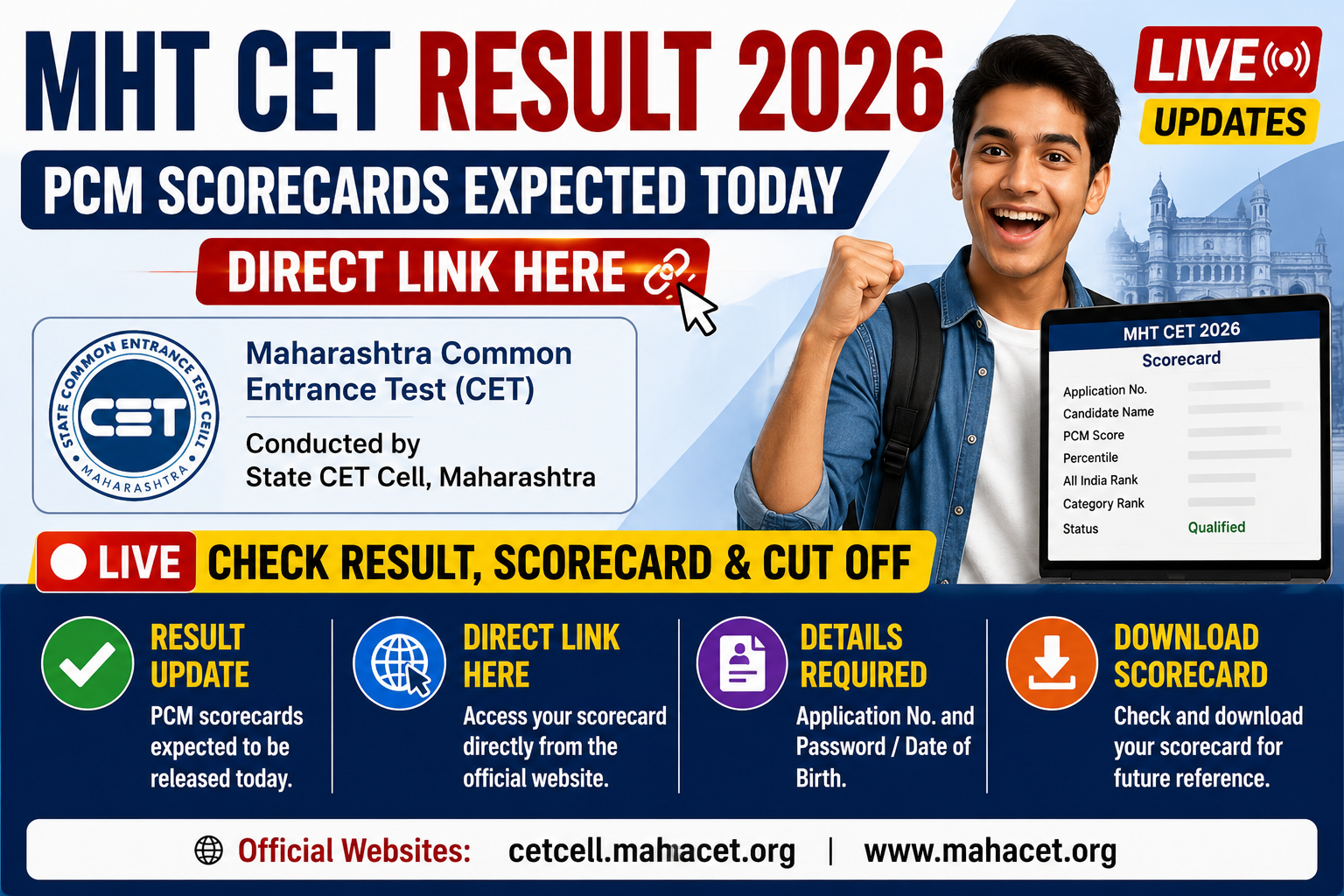 MHT CET Result 2026 Live Updates: PCM Scorecards Expected Today, Direct Link Here