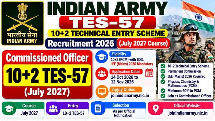 Indian Army TES-57 Recruitment: Selection Through JEE Main 2026, Applications From October 14