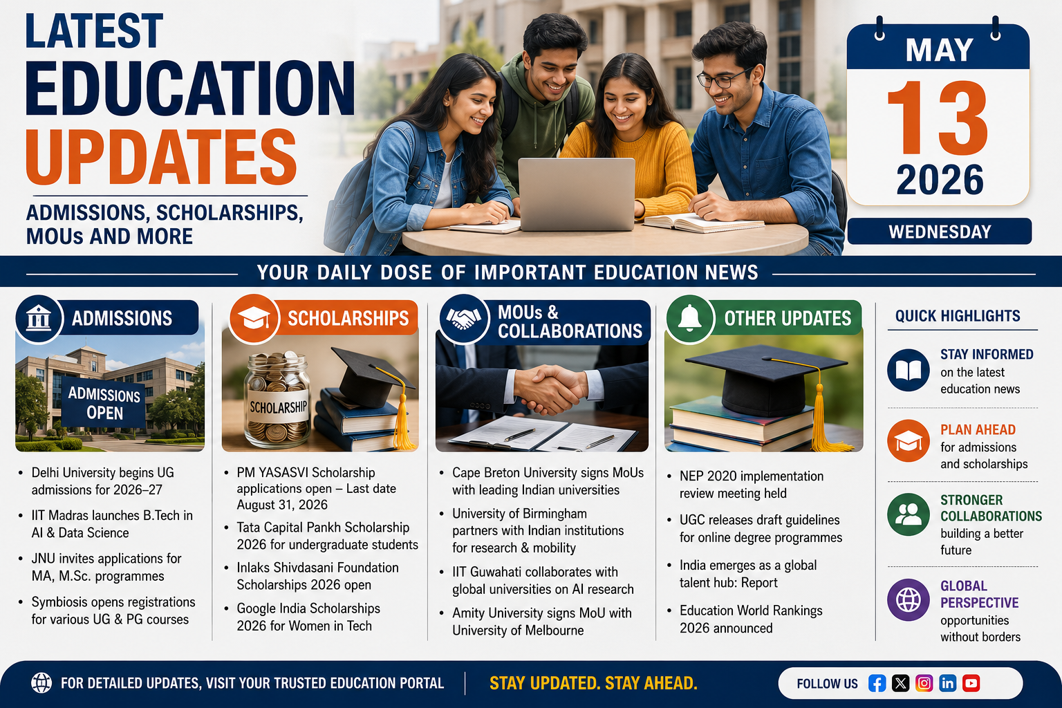Latest Education Updates: Admissions, Scholarships, MoUs and More – May 13, 2026