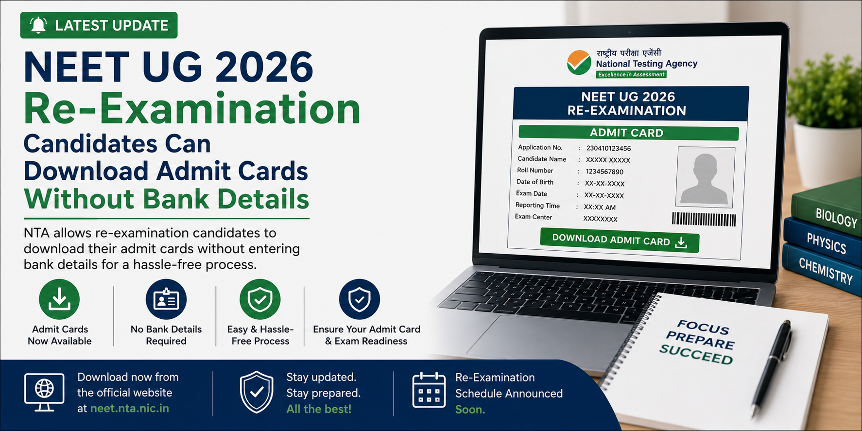 NEET UG 2026 Re-Examination Candidates Can Download Admit Cards Without Bank Details